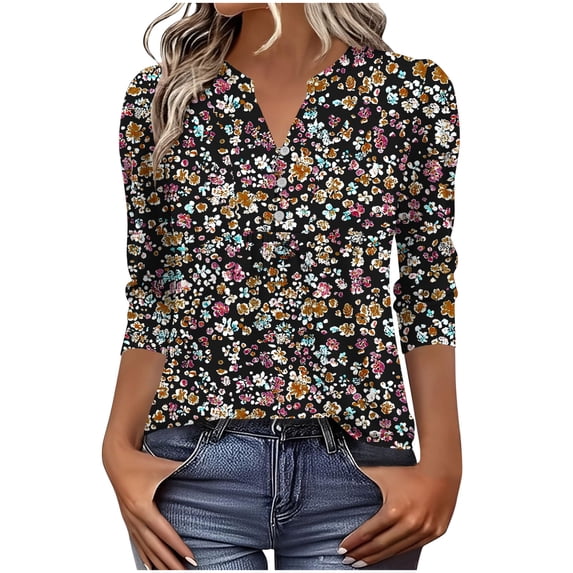 CLOISE Womens 3/4 Sleeve Tops Shirts Ruched Loose Floral V Neck Pullover Pleated Button Trendy Fall Clothes Brown L
