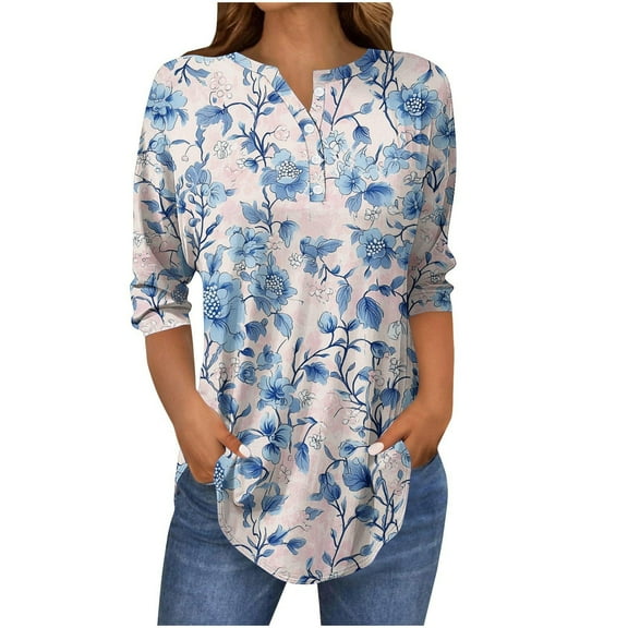 CLOISE Womens 3/4 Sleeve Tops V Neck Shirt Button Tunic Graphic Pullover Cute Vacation Clothes Light Blue XL