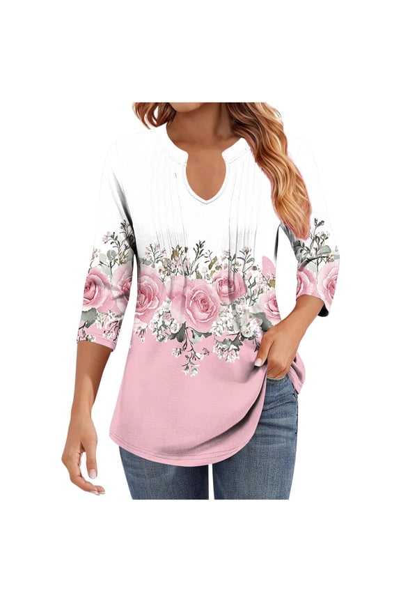 Womens 3/4 Sleeve Tops V Neck Shirts Ruched Loose Floral Pullover Pleated Trendy Fall Clothes Pink M