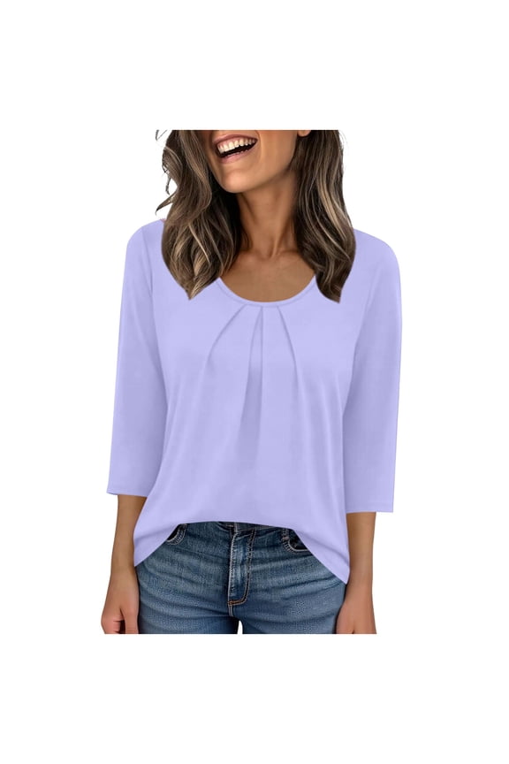 Womens 3/4 Sleeve Tops V Neck Shirts Solid Color Pullover Trendy Fall Clothes Purple S