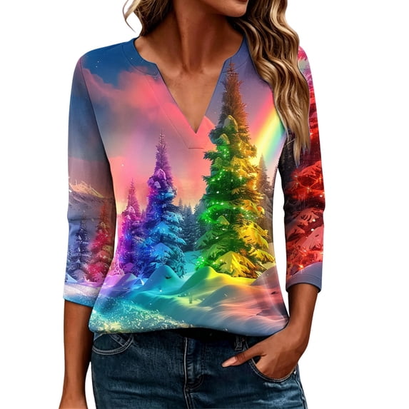 CLOISE Womens 3/4 Sleeve Tops and Blouses Plus Size Christmas Tree V Neck Shirts Pullover Tee Slim Cozy Holiday Travel Clothes L