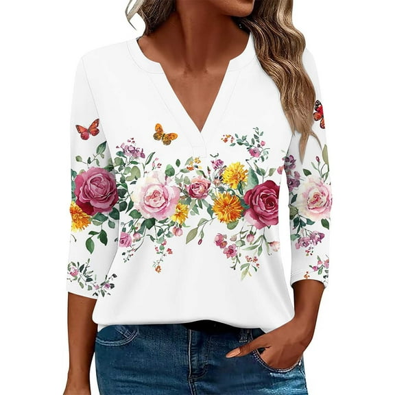 CLOISE Womens 3/4 Sleeve Tops and Blouses Plus Size V Neck Shirt Graphic Pullover Cute Vacation Clothes White XL