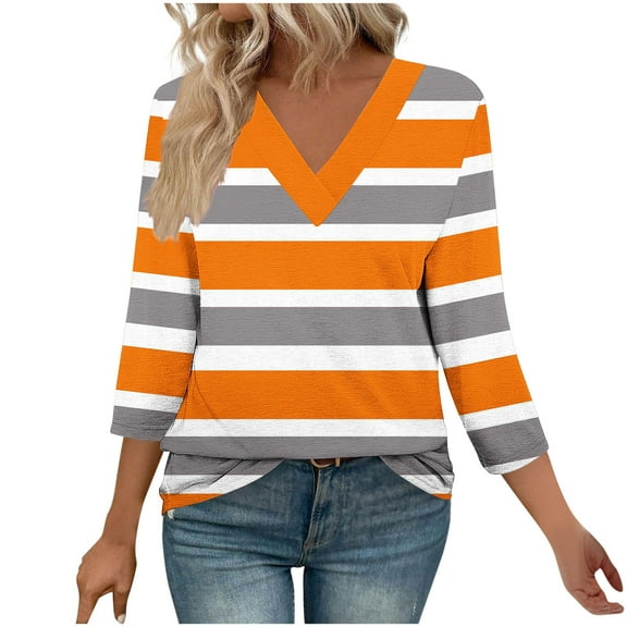 CLOISE Womens 3/4 Sleeve Tops and Blouses V Neck Shirt Striped Pullover Casual Fall Winter Clothes Orange S