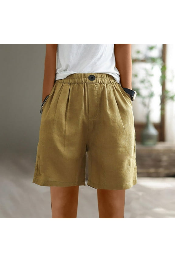 Womens Bermuda Shorts with Pockets Yellow L Summer Trendy Casual Loose Shorts Solid Elastic Waisted with Button Flowy Comfy Shorts
