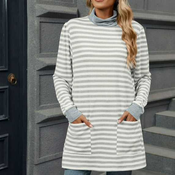 CLOISE Womens Blouses Fall Cute Striped Shirts Turtle Neck Long Sleeve Blouses Oversized Colorblock Tees with Pockets Flowy Clothes White S