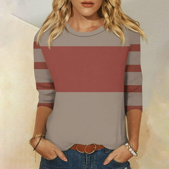 CLOISE Womens Blouses Fall Fashion Striped Shirts Crew Neck 3/4 Sleeve Blouses Casual Color Block Basic Tees Flowy Outfits Gray S
