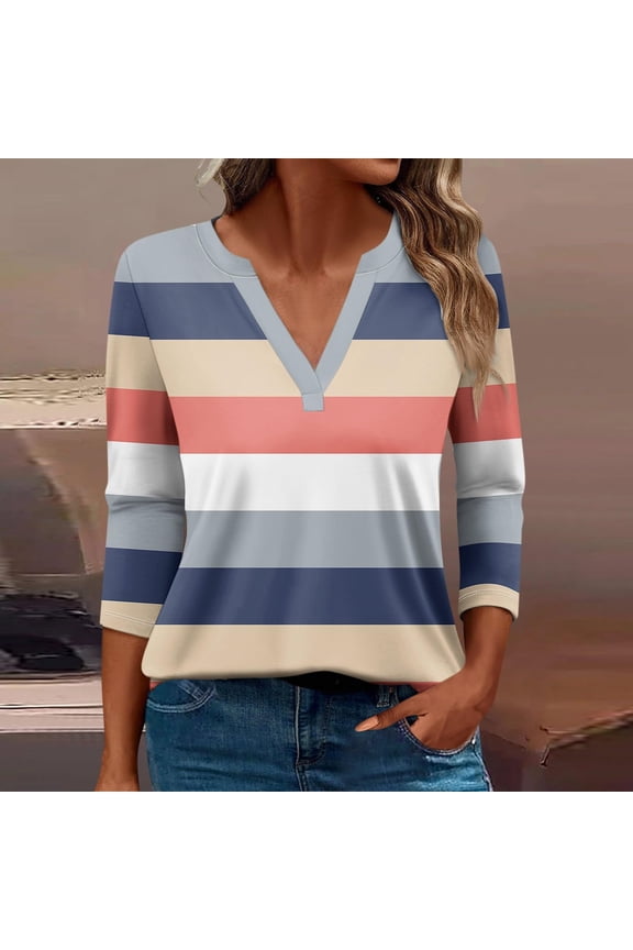 Womens Blouses Fall Fashion Striped Shirts V Neck 3/4 Sleeve Blouses Casual Colorblock Basic Tees Flowy Outfits Pink S