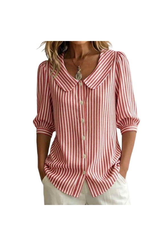 Womens Blouses 3/4 Sleeve Button down T Shirts Striped Collared Pullover Casual Fall Tops Pink XL