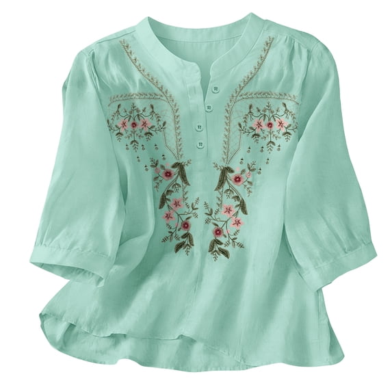 CLOISE Womens Blouses 3/4 Sleeve Plus Size Embroidery T Shirts Loose Floral V Neck Pullover Cotton Linen Casual Fall Tops Mint Green 3XL