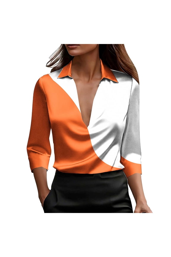 Womens Blouses 3/4 Sleeve Plus Size T Shirts Half Zipper Print Collared Pullover Satin Trendy Fall Tops Orange XL