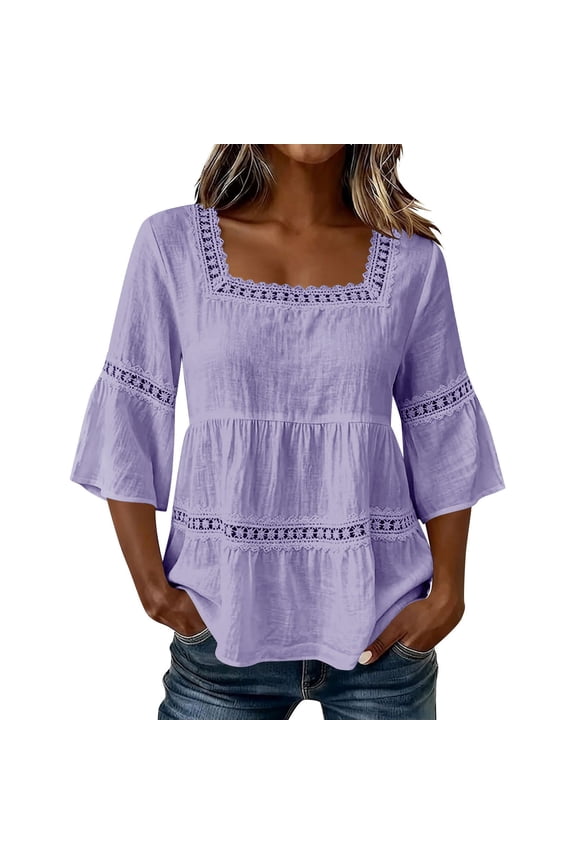 Womens Blouses 3/4 Sleeve Ruffle Bell Sleeve T Shirts Loose Solid Color Square Neck Pullover Lace Casual Fall Tops Purple 2XL