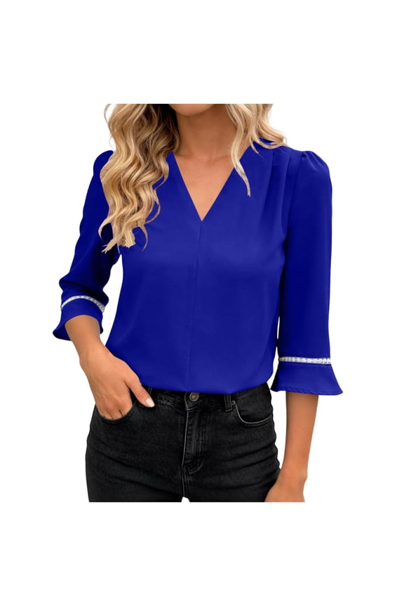 Womens Blouses 3/4 Sleeve Ruffle Bell Sleeve T Shirts Solid Color V Neck Pullover Trendy Fall Tops Blue M