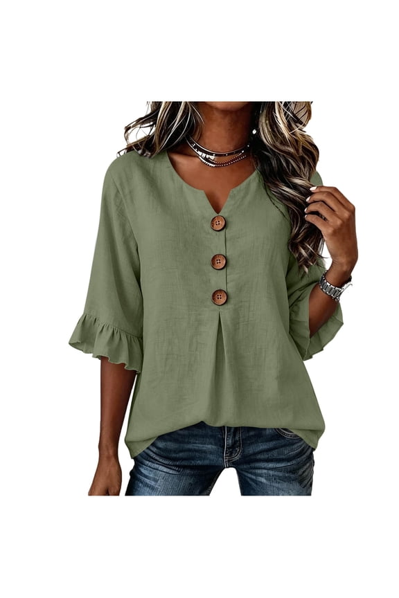 Womens Blouses 3/4 Sleeve Ruffle Sleeve T Shirts Ornamental Button Solid Color V Neck Pullover Cotton Blend Casual Fall Tops Green L