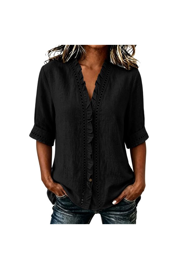 Womens Blouses 3/4 Sleeve Ruffle T Shirts Cut Out Loose Solid Color V Neck Pullover Trendy Fall Tops Black 2XL
