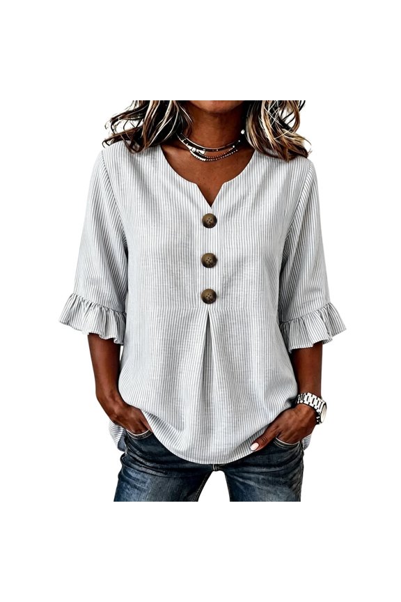 Womens Blouses 3/4 Sleeve Ruffle T Shirts Ornamental Button Striped V Neck Pullover Casual Fall Tops Gray M