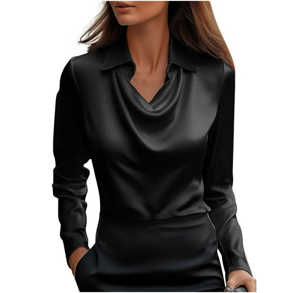 CLOISE Womens Blouses Dressy Long Sleeve Shirt with Collar Solid Plus Size Tops Slim Satin Lightweight Elegant Work Clothes