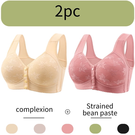 CLOISE Womens Bras for Older Women Plus Size 2 Pack Front Closure No Underwire Bras for Seniors Wireless Full Coverage Push up Front Snap Bra Older Women Lace Everyday Bras Beige XL