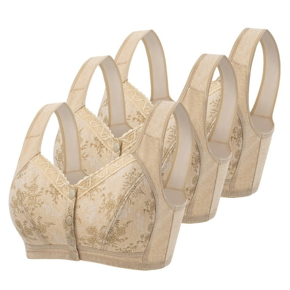 CLOISE Womens Bras for Older Women Plus Size 3 Pack Front Closure No Underwire Bras for Seniors Wireless Full Coverage Push up Front Snap Bra Older Women Lace Everyday Bras Khaki XL