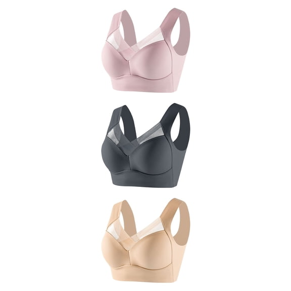 CLOISE Womens Bras No Wire 3 Pack Padded High Impact Wireless Sports Bras Comfort High Support Seamless Yoga Bras Underarm Smoothing Push up Bras Full Coverage Everyday Bras Beige XL