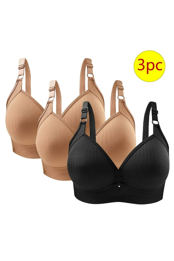 Womens Bras No Wire 3 Pack Wireless Push up Bras with Support and Lift Full Coverage Large Bust Seamless Padded Bras Straps Adjustable Comfort Sleep Bras Soft Everyday Bras Khaki 40/90