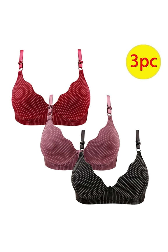 Womens Bras No Wire Push Up 3 Pack Wireless Push up Bras with Support and Lift Large Bust Seamless Padded Bras Straps Adjustable Comfort Sleep Bras Striped Soft Everyday Bras Wine XL