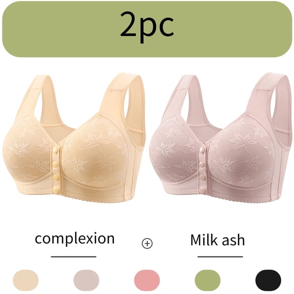 CLOISE Womens Bras No Wire Push Up Plus Size 2 Pack Front Closure Full Coverage No Underwire Bras for Seniors Wireless Front Close Push up Bras with Back Support Lace Everyday Bras Beige 3XL