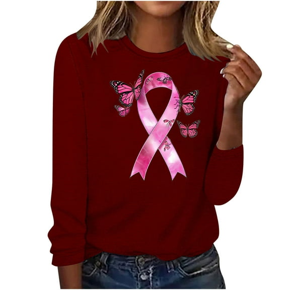 CLOISE Womens Breast Cancer Shirts Long Sleeve Crew Neck Blouses Butterfly Ribbon Pink Breast Cancer Awareness Tshirts Fashion Comfort T Shirts Cancer Fight in October Clothes Wine L