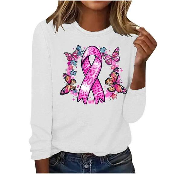 CLOISE Womens Breast Cancer Shirts Long Sleeve Crew Neck Blouses Butterfly Ribbon Pink Breast Cancer Awareness Tshirts Fashion Comfortable T Shirts Cancer Fight in October Clothes White 2XL