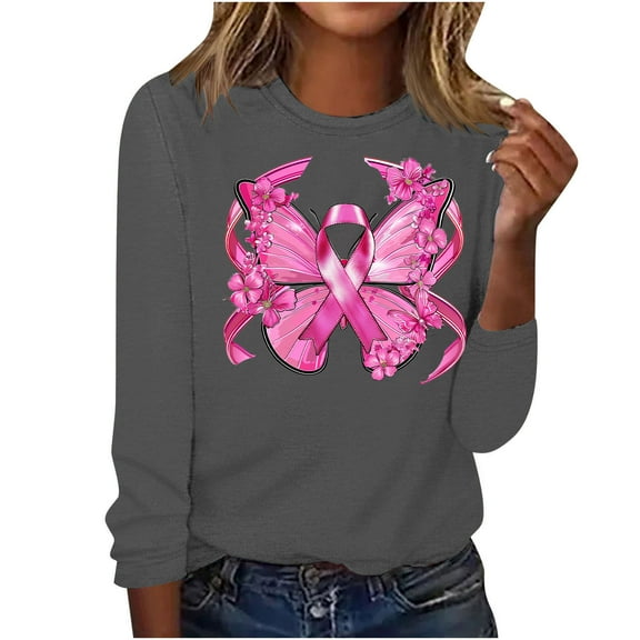 CLOISE Womens Breast Cancer Shirts Long Sleeve Crew Neck Blouses Butterfly Ribbon Pink Breast Cancer Awareness Tshirts Fashion Comfort T Shirts Cancer Fight in October Clothes Gray L