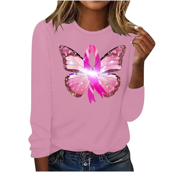 CLOISE Womens Breast Cancer Shirts Long Sleeve Crew Neck Blouses Butterfly Ribbon Pink Breast Cancer Survivor Gifts Tshirts Fashion Comfy T Shirts Cancer Support in October Clothes Pink XL