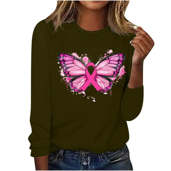 CLOISE Womens Breast Cancer Shirts Long Sleeve Crew Neck Blouses Butterfly Ribbon Pink Breast Cancer Survivor Gifts Tshirts Fashion Casual T Shirts Cancer Support in October Clothes Army Green M