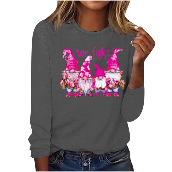 CLOISE Womens Breast Cancer Shirts Long Sleeve Crew Neck Blouses Gnomes Ribbon Pink Breast Cancer Awareness Tshirts Fashion Comfort T Shirts Cancer Fight in October Clothes Gray L