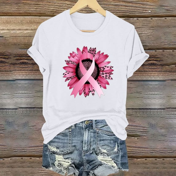 CLOISE Womens Breast Cancer Shirts Short Sleeve Round Neck Blouses Sunflower Ribbon Oversized Breast Cancer Fight T Shirts Trendy Comfort Tee Shirts Cancer Survivor Gifts Fall Outfits White 2XL