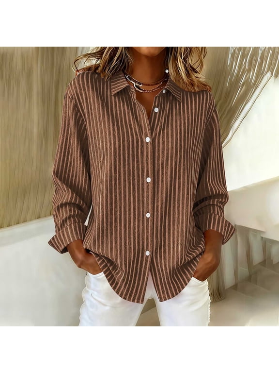Womens Button down Blouses Long Sleeve Shirts Striped Collared Tops Loose Trendy Fall Outfits for Work Brown 2XL