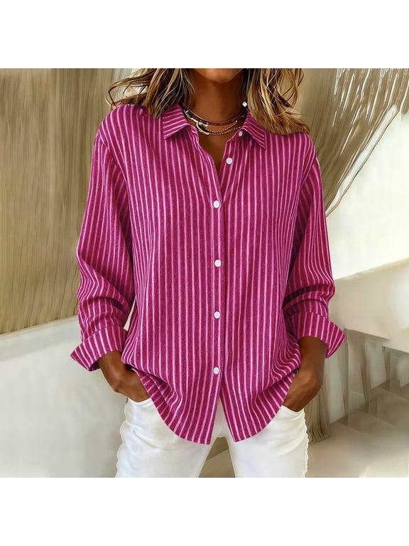 Womens Button down Blouses Long Sleeve Shirts Striped Collared Tops Loose Trendy Fall Outfits for Work Hot Pink XL