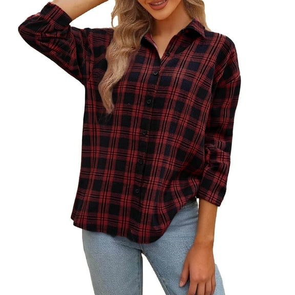 CLOISE Womens Button down Shirts Long Sleeve Collared Tops Plaid Pullover Casual Fall Fashion Outfits Red L