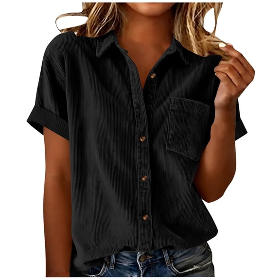 CLOISE Womens Button down Shirts Short Sleeve Blouses Collar Solid Tops with Pockets Slim Corduroy Lightweight Casual Work Clothes