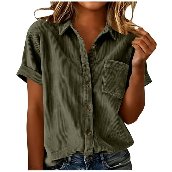 CLOISE Womens Button down Shirts Short Sleeve Blouses Collar Solid Tops with Pockets Slim Corduroy Lightweight Casual Work Clothes