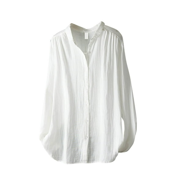 CLOISE Womens Button up Shirts Long Sleeve Collared Tops Solid Color Pullover Cotton Linen Casual Vacation Clothes White