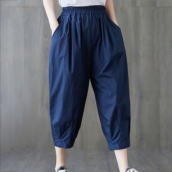 CLOISE Womens Capri Pants Athletic With Pockets Cotton Linen Capris Pants Athletic Mid Rise Lounge Capris Pull On Cropped Pants Loose Elastic Waist Cropped Trousers Solid Summer Blue