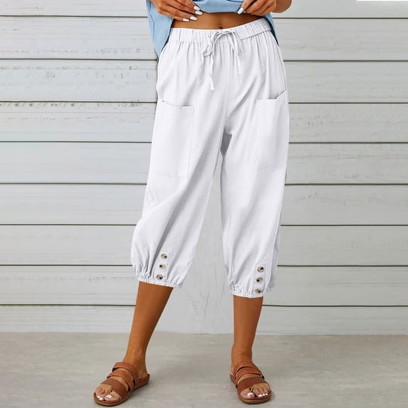 CLOISE Womens Capri Pants Athletic With Pockets Cotton Linen Capris Lounge Elastic Waist Capris Pants Pull On Drawstring Cropped Pants Casual Straight Trousers Summer White