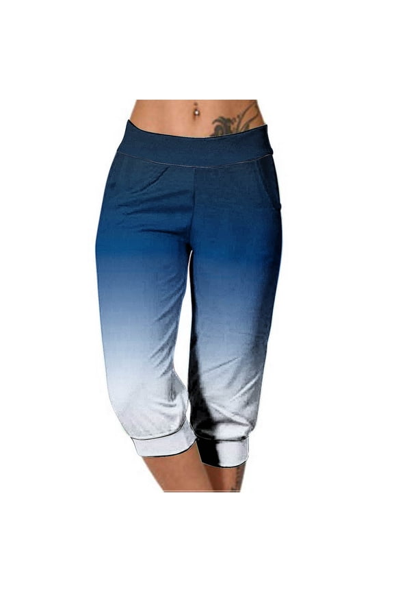 Womens Capri Pants Athletic With Pockets Workout Capris Lounge Joggers Pull On Elastic Waist Sweatpants Athletic Cropped Pants Soft Stretchy Yoga Capris Gradient Color Blue
