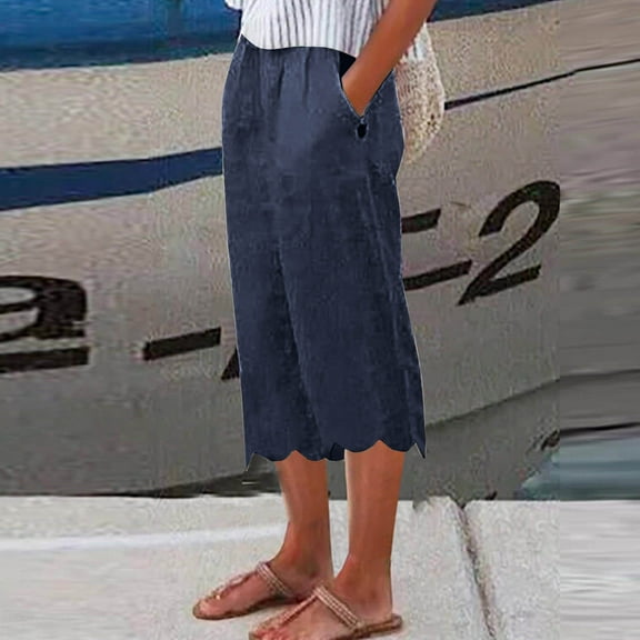 CLOISE Womens Capri Pants With Pockets Capri Pants Pull On Stretch Capris Casual Mid Rise Capris Pull On Capri Palazzo Pants Summer Comfy Loose Cropped Pants Solid Dark Blue