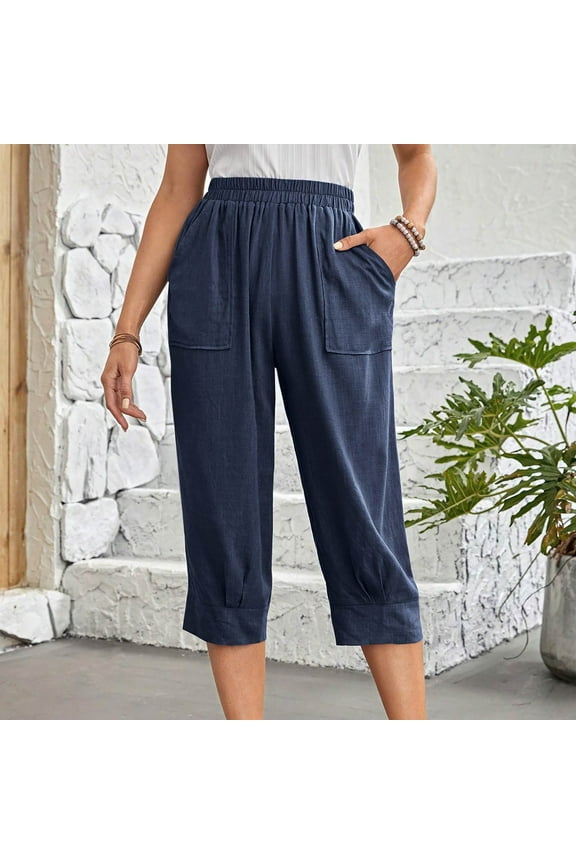 Womens Capri Pants with Pockets Plus Size Stretch Wide Leg Pants Elastic High Waisted Palazzo Pants Linen Summer Casual Fashion Solid Loose Lightweight Cropped Flowy Trousers Navy 3XL