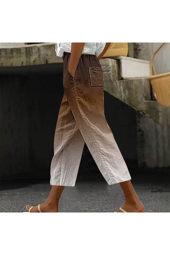 Womens Capri Pants with Pockets Stretch Wide Leg Pants Elastic High Waisted Palazzo Pants Petite Summer Casual Fashion Gradient Color Loose Lightweight Cropped Flowy Trousers Brown 2XL