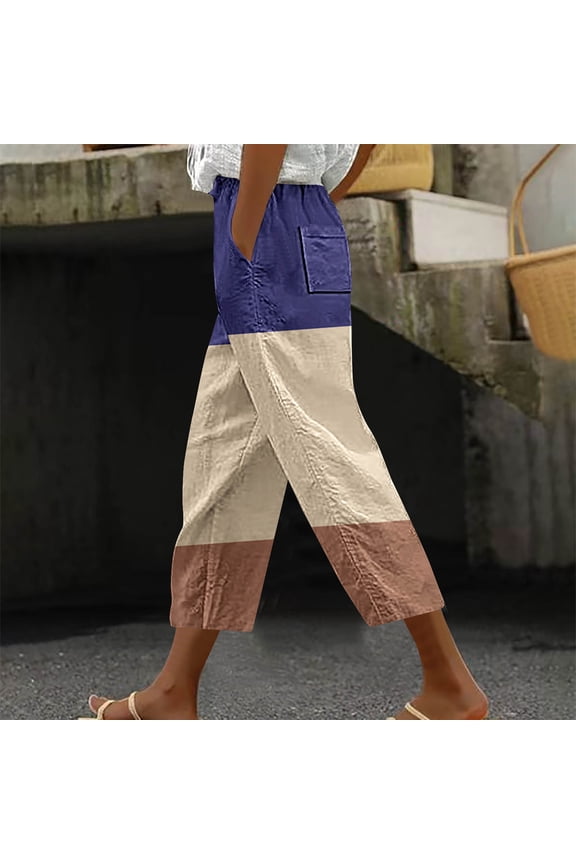 Womens Capri Pants with Pockets Stretch Wide Leg Pants Elastic High Waisted Palazzo Pants Petite Summer Casual Fashion Multi Colored Loose Lightweight Cropped Flowy Trousers Multicolor L