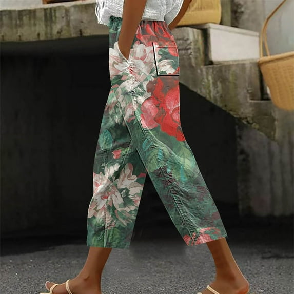 CLOISE Womens Capri Pants with Pockets Stretch Wide Leg Pants Elastic High Waisted Palazzo Pants Petite Summer Casual Fashion Printed Loose Lightweight Cropped Flowy Trousers Multicolor L