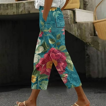 CLOISE Womens Capri Pants with Pockets Stretch Wide Leg Pants Elastic High Waisted Palazzo Pants Petite Summer Casual Fashion Printed Loose Lightweight Cropped Flowy Trousers Multicolor XL