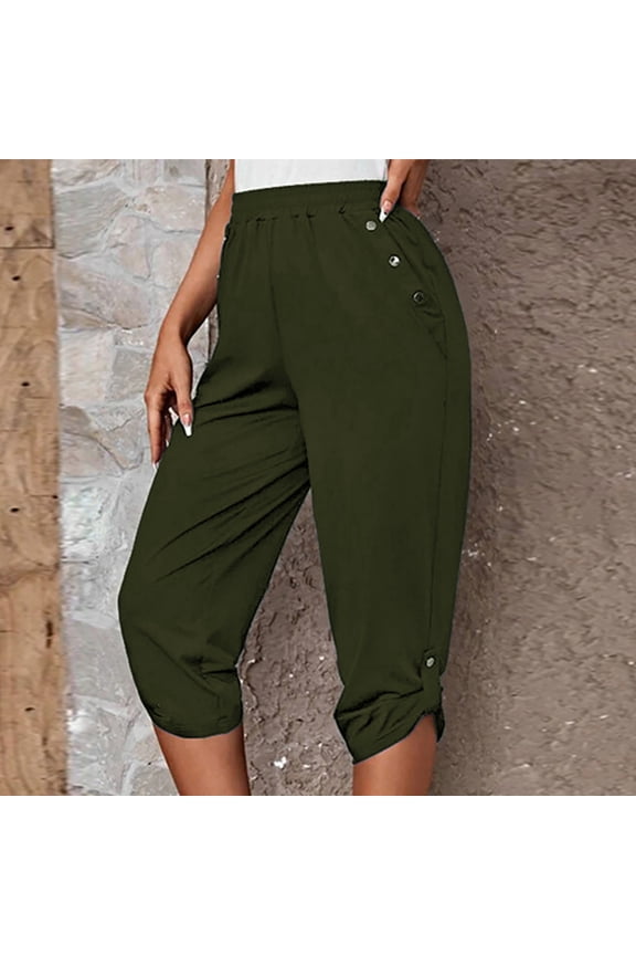 Womens Capri Pants with Pockets Stretch Yoga Pants Elastic High Waisted Petite Summer Casual Fashion Solid Loose Lightweight Cropped Trousers Army Green S