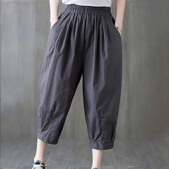 CLOISE Womens Capri Pants With Pockets Cotton Linen Capris Pants Athletic Mid Rise Lounge Capris Pull On Cropped Pants Loose Elastic Waist Cropped Trousers Solid Summer Gray